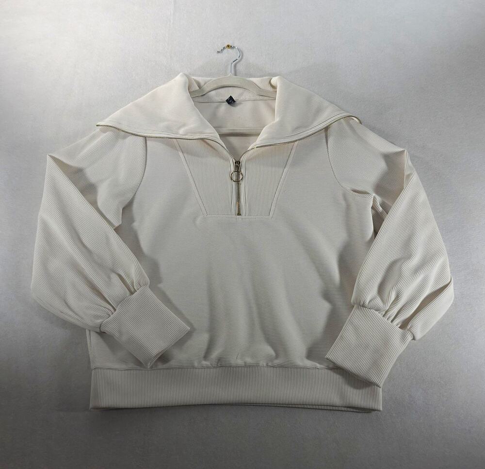 White Ribbed Half Pullover Small Wide Collar Balloon Sleeve